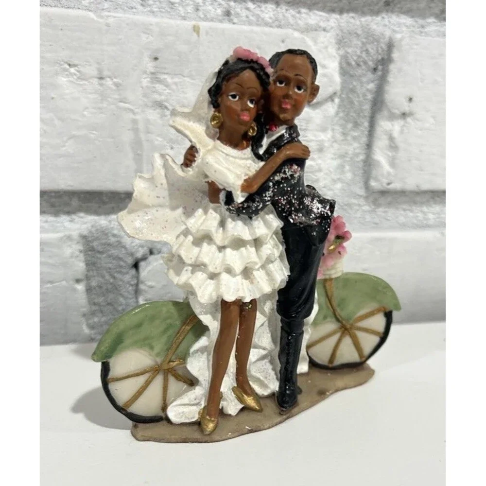 VTG Black Americana Bride & Groom Wedding on Bicycle Figurine 4.5” - Rare Pose
